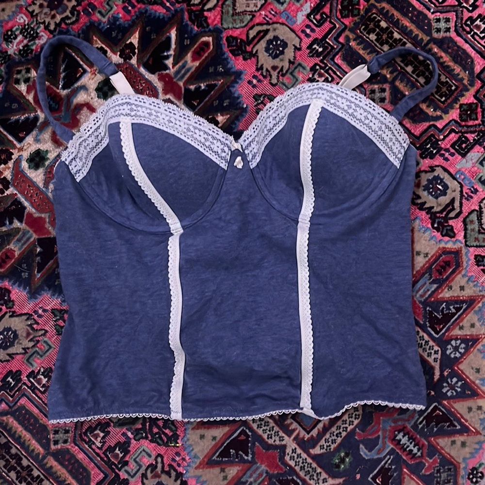 Blue and white tang top with bra cups installed size 38c